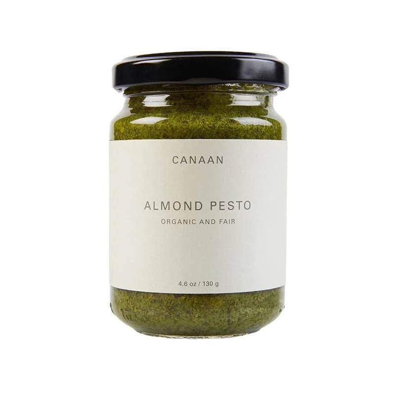 A photo of a jar of Almond Pesto that is organic and fair trade from Palestine.