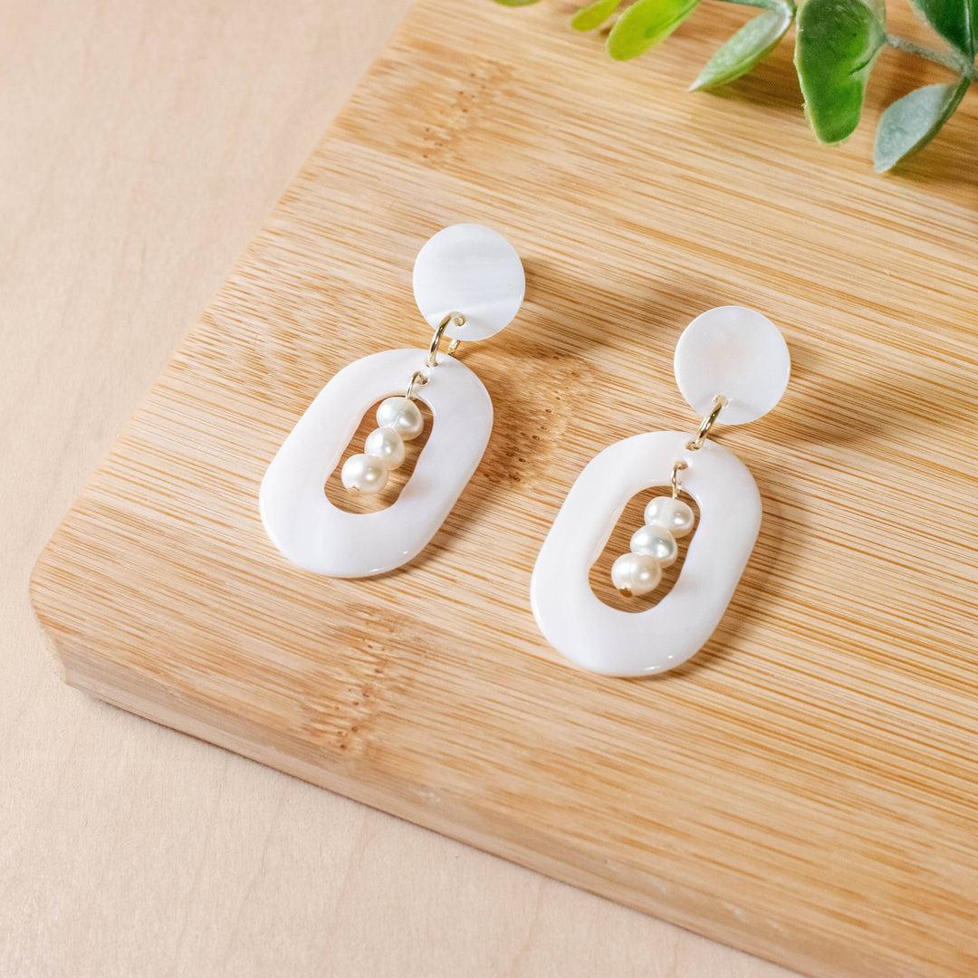 White Oval Earrings with Pearl