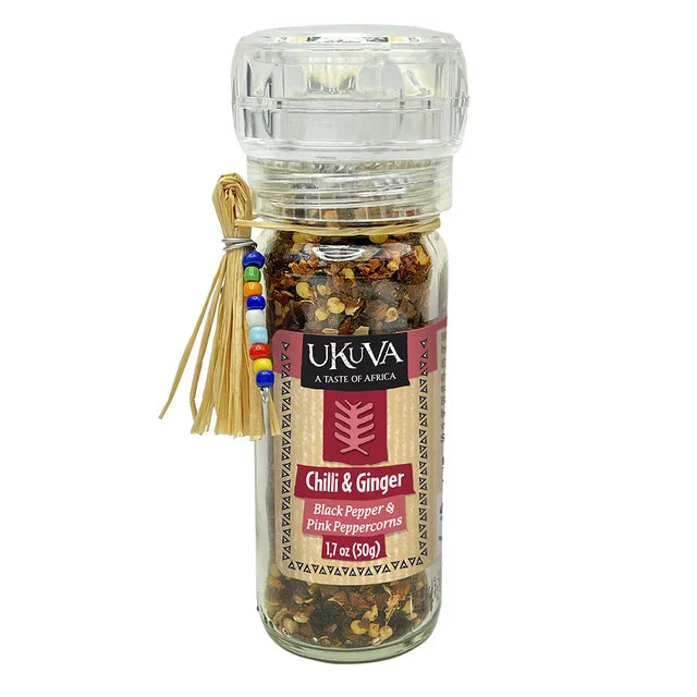 A photo of a spice grinder from Ukava 'A taste of Africa' This spice grinder is the Chilli & Ginger flavor.