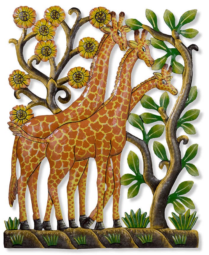 Painted Giraffe Tower Metal Wall Art