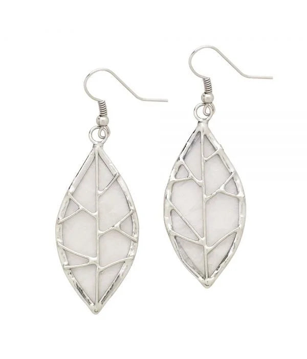 A photo of a pair of earrings that are leaf shaped with capiz shell material that is natural white and translucent with silver leaf design.