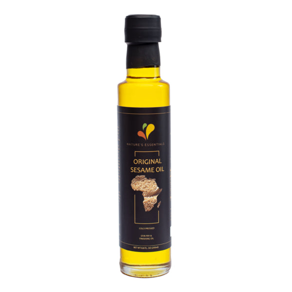 A photo of a bottle of Nature's Essentials Sesame Oil from Ghana. This one is the Original flavor.