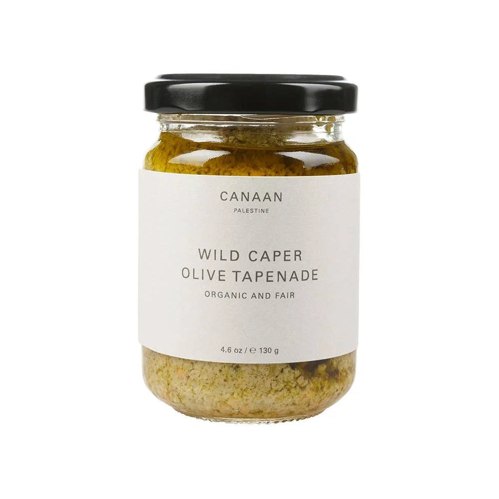 A photo of a jar of Wild Caper Olive Tapenade from Canaan Palestine.