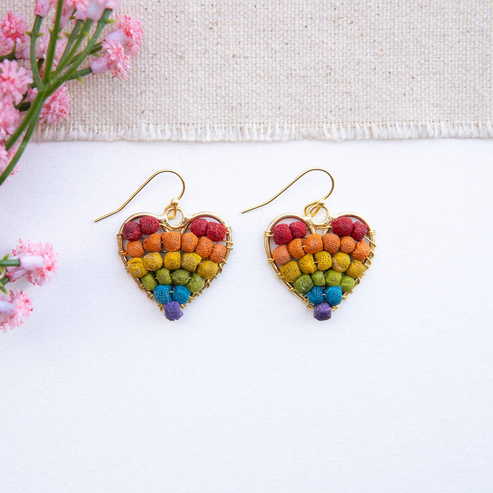 Rainbow Kantha Heart Milieu Earrings