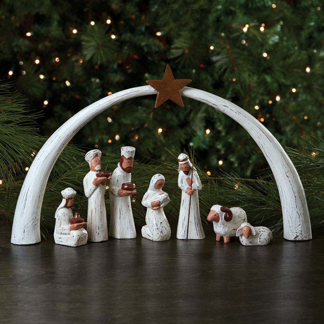 Whitewashed Albizia Nativity Arch 8 pc set