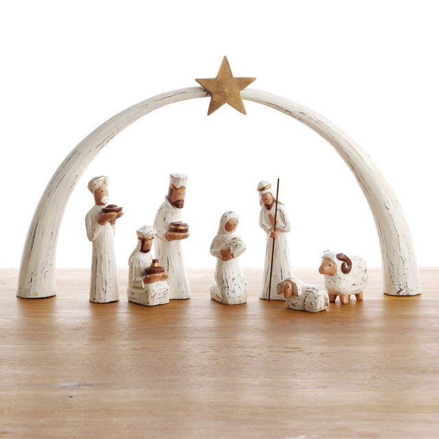 Whitewashed Albizia Nativity Arch 8 pc set