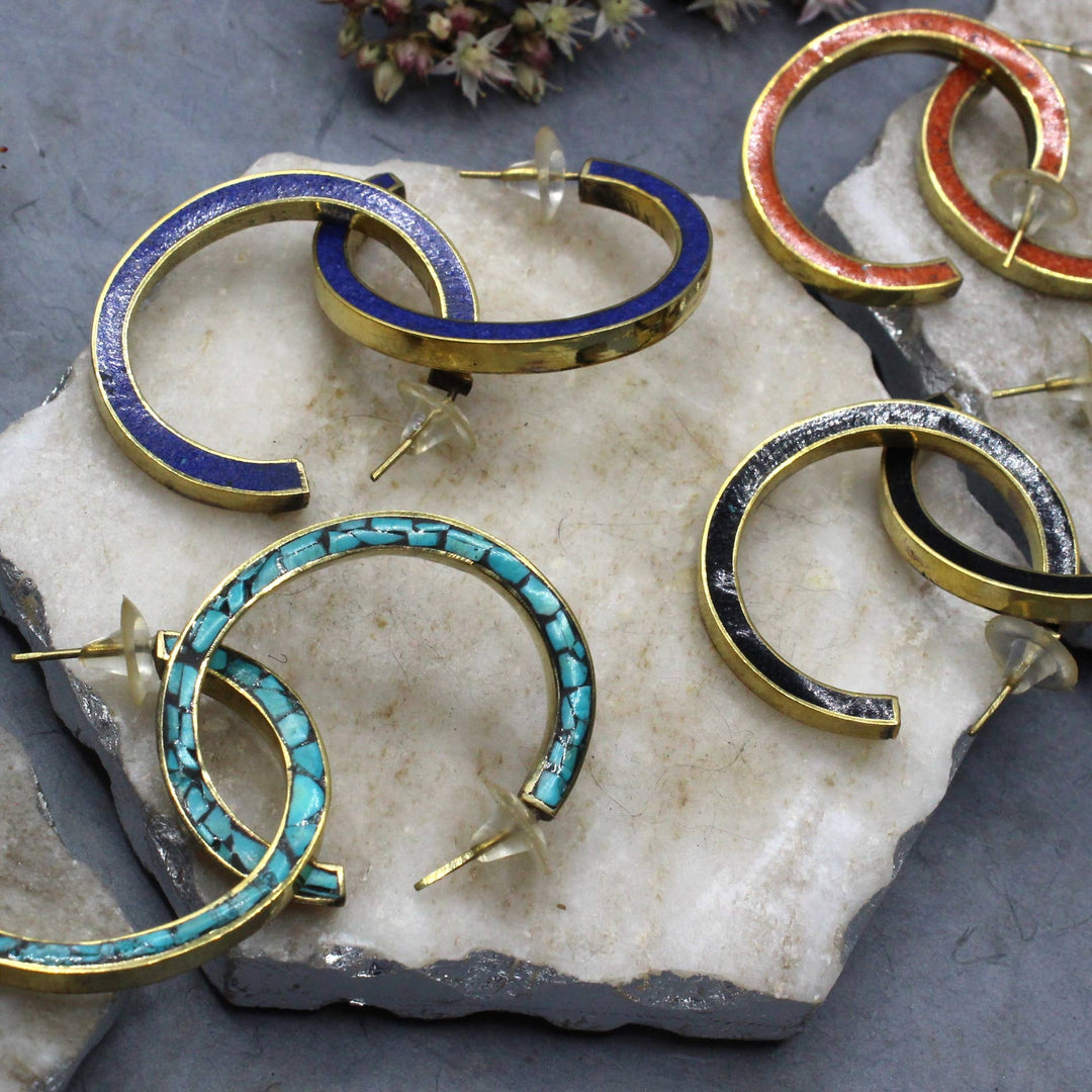 Bold Hoop Inlay Turquoise and Brass Earrings