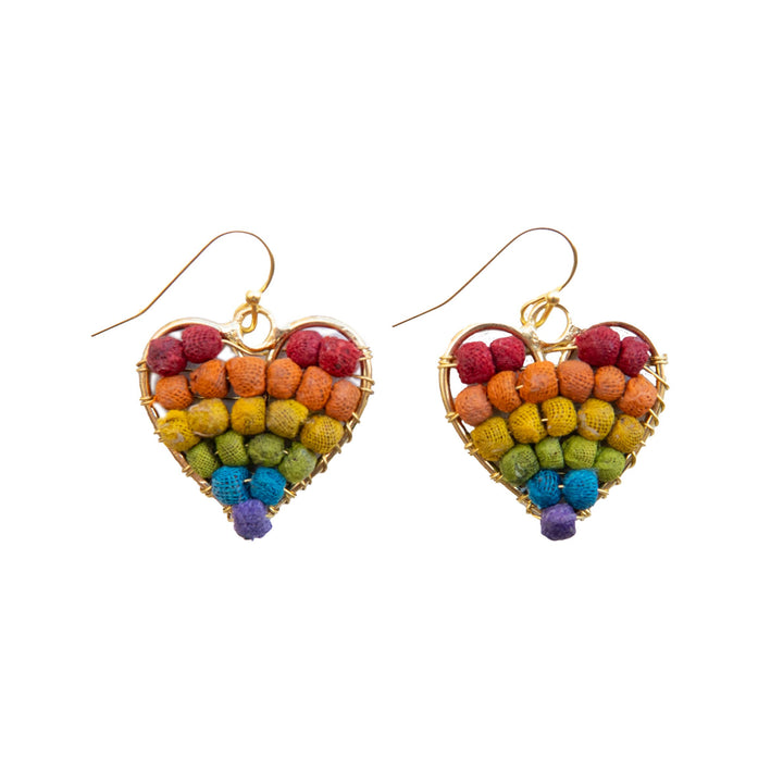 Rainbow Kantha Heart Milieu Earrings