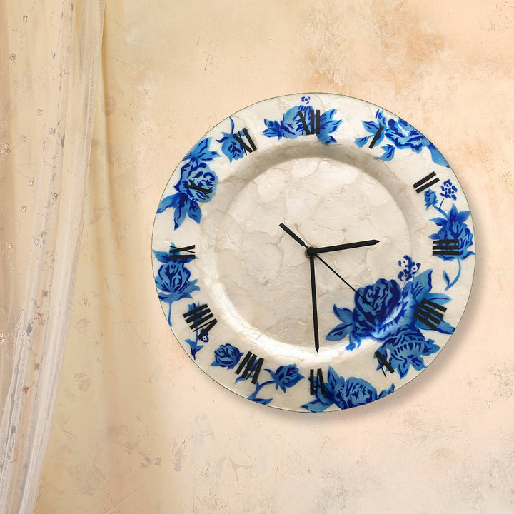 Capiz Clock Wall Decor With Blue Flowers