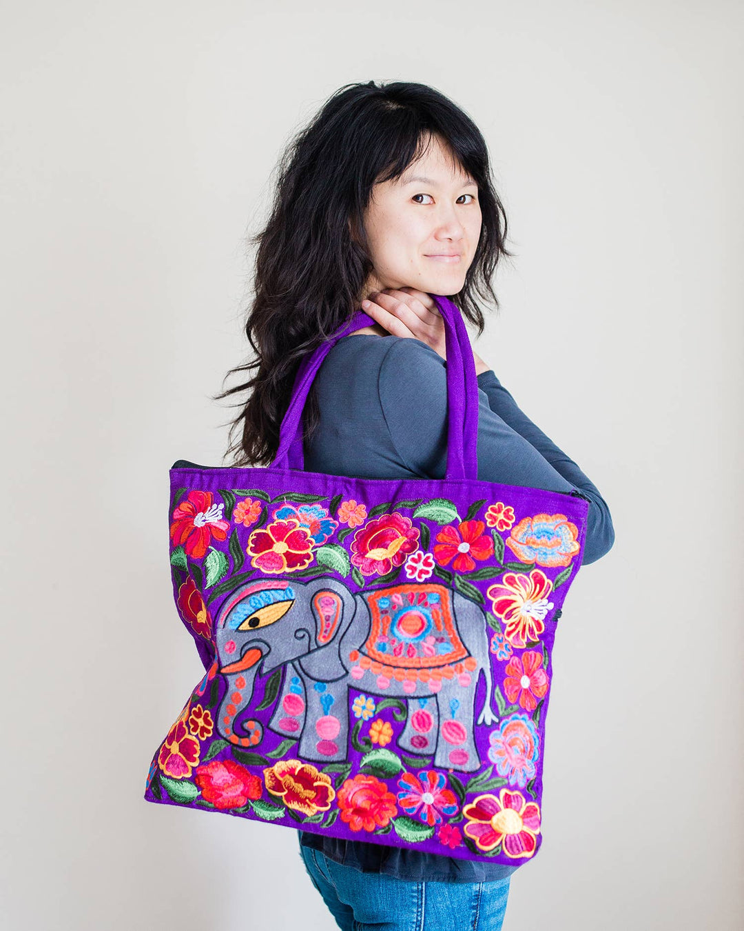 Elephant Embroidered Tote Bag