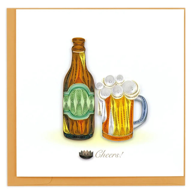 A photo of an intricately quilled greeting card made in Vietnam. This card features a couple of beers and 'Cheers!'