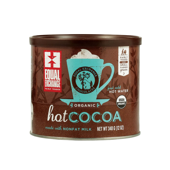 A photo of a can of Hot Cocoa mix that is organic and fair trade.