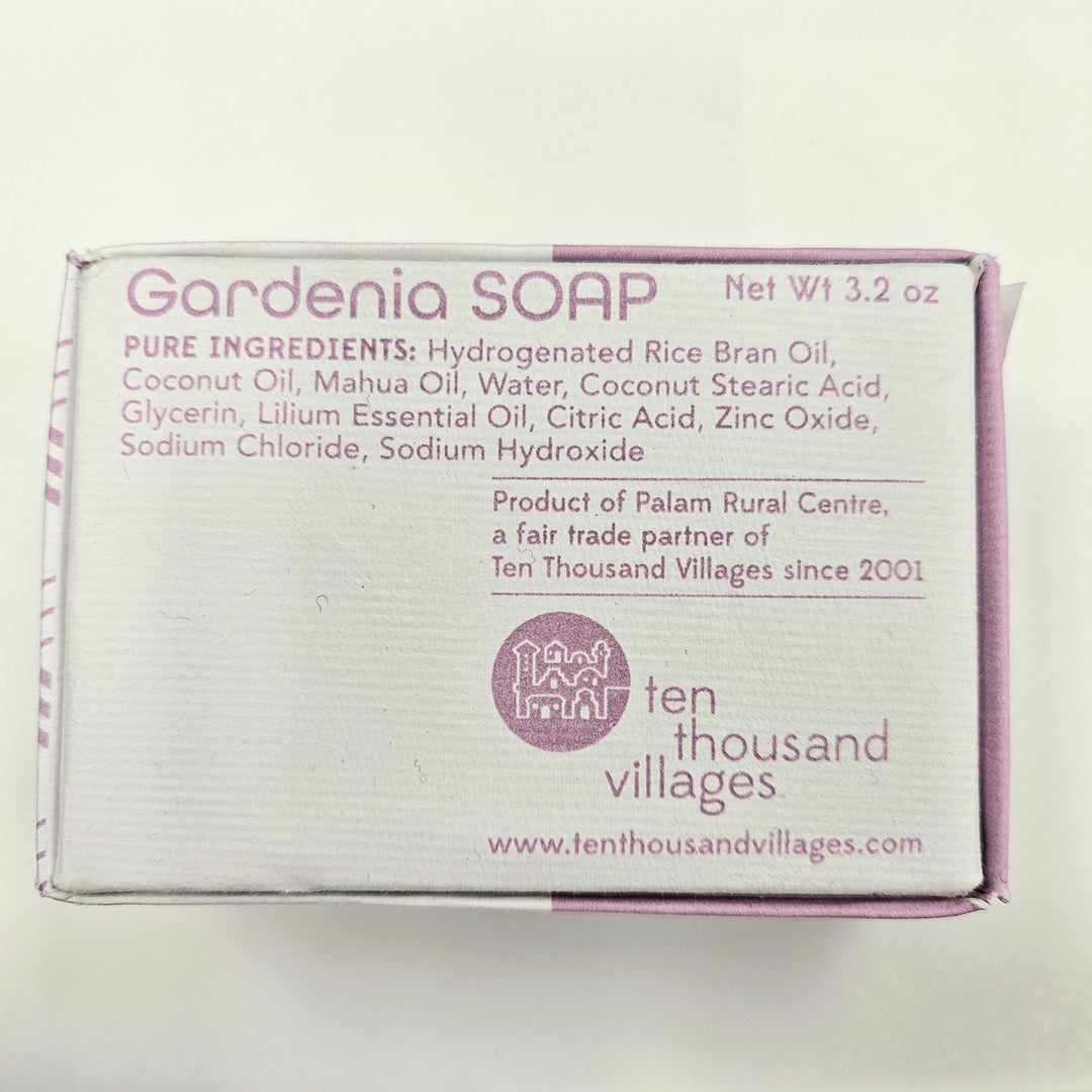 Gardenia Soap packaging with ingredient list and branding on a white background