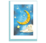 A photo of a mini greeting card made of quilling art from Vietnam. This card features a Crescent Moon with a cloud and stars on the front.