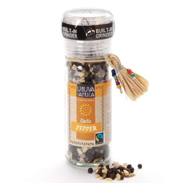 A photo of a spice grinder from Ukava 'A taste of Africa' This spice grinder is the Garlic Pepper. 