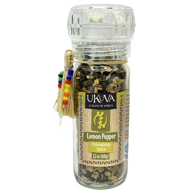A photo of a spice grinder from Ukava 'A taste of Africa' This spice grinder is the Lemon Pepper / Friendship Spice.