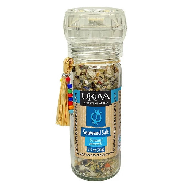 A photo of a spice grinder from Ukava 'A taste of Africa' This spice grinder is the Seaweed Salt, Umami maxed