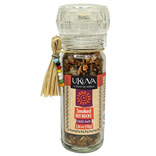 A photo of a spice grinder from Ukava 'A taste of Africa' This spice grinder is the Smoked Hot Rocks Chilli Salt. 