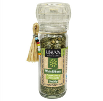 A photo of a spice grinder from Ukava 'A taste of Africa' This spice grinder is the White & Green variety which is Peppercorn and Green Herbs. 