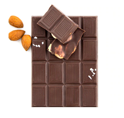 A photo of a chocolate bar that is all organic and fair trade from Equal Exchange. 'Grown by Small farmer co-ops'. This chocolate bar is the Almond Sea Salt bar. 