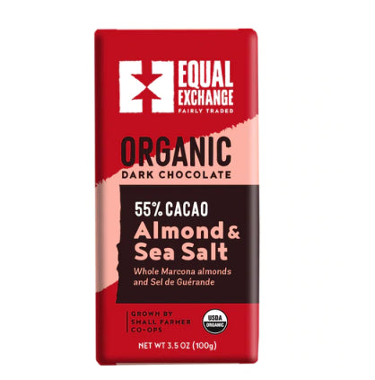 A photo of a chocolate bar that is all organic and fair trade from Equal Exchange. 'Grown by Small farmer co-ops'. This chocolate bar is the Almond Sea Salt bar. 