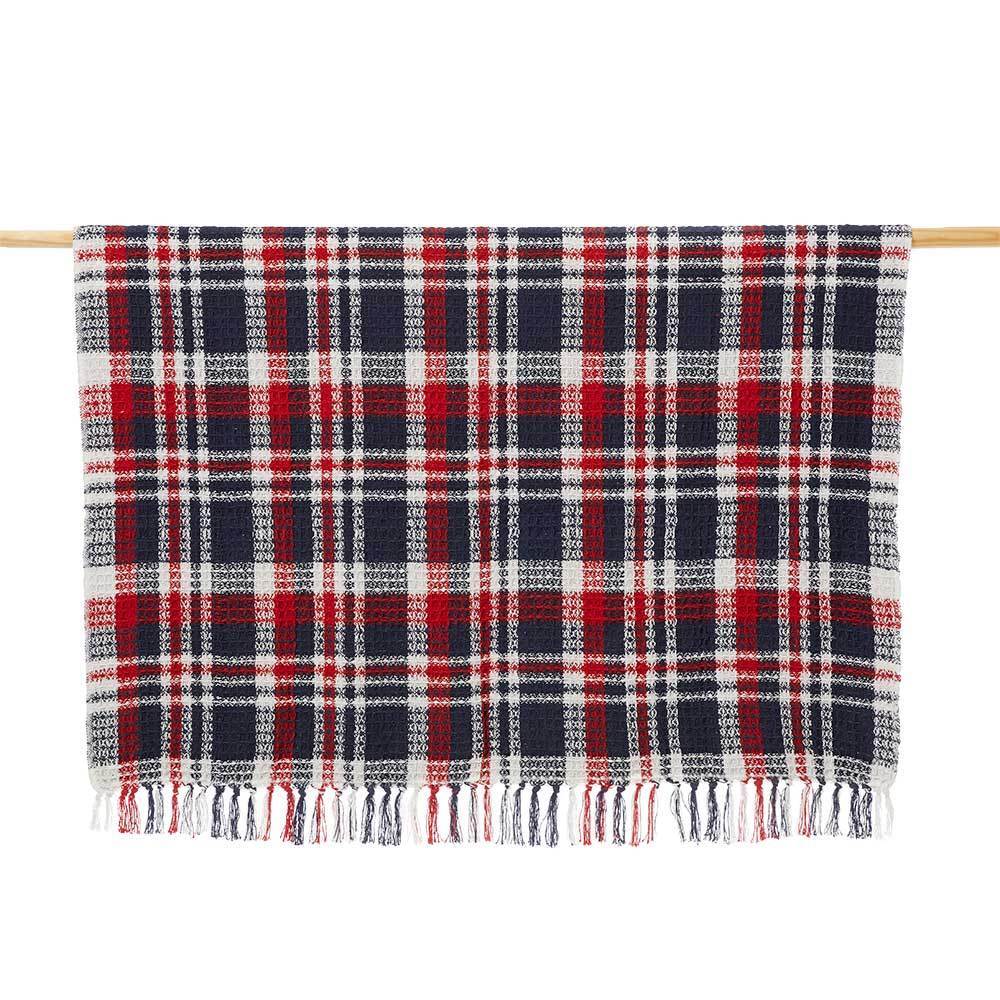 A photo of a plaid throw in Red, White, and Blue that is beautifully handcrafted in India. 