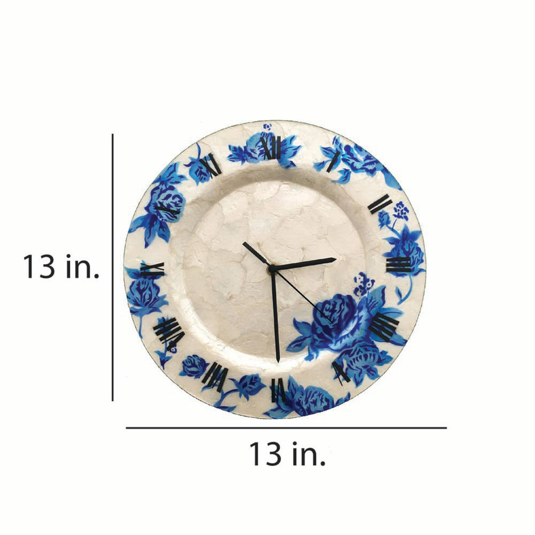 Capiz Clock Wall Decor With Blue Flowers