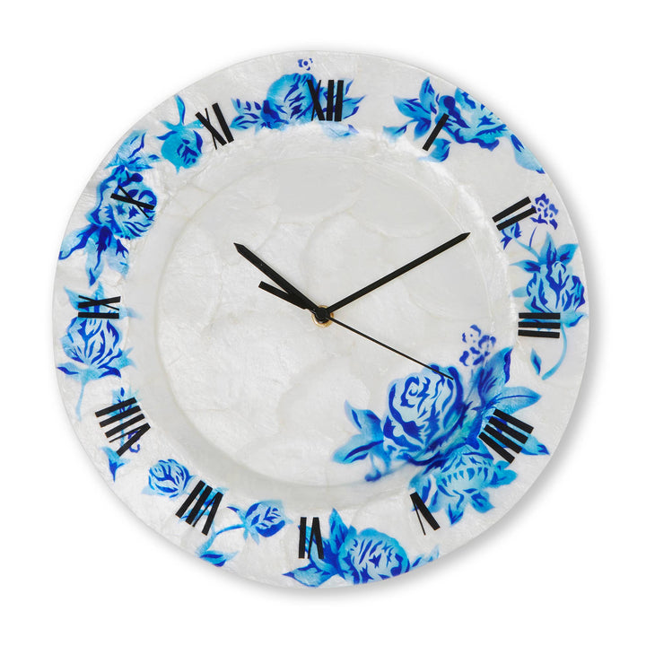 Capiz Clock Wall Decor With Blue Flowers