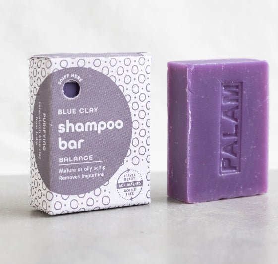 A photo of a Shampoo Bar made with Blue Clay to promote Balance, helping mature or oily scalp removing impurities from India.
