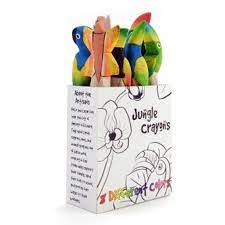 A photo of a box of 8 balsa wood crayons. These crayons are lightweight and easy to grasp for the little hands. Each crayon is carved with an animal figure on top, and is handmade in Ecuador. 
