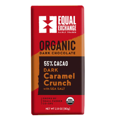 A photo of a chocolate bar that is all organic and fair trade from Equal Exchange. 'Grown by Small farmer co-ops'. This chocolate bar is the Dark Chocolate Caramel Crunch with Sea Salt Bar. 