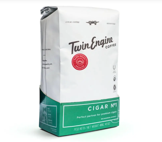A photo of a bag of coffee. This is Twin Engine coffee made ethically in Nicaragua, grown, harvested, roasted, and packaged at the source - supporting the Nicaragua farmers. This roast is 'Cigar No 1' Dark Roast. 