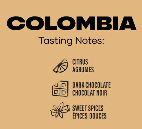 A photo of a list of The Colombia Roast Coffee Tasting Notes. This one includes Citrus, Dark Chocolate, and Sweet Spices.