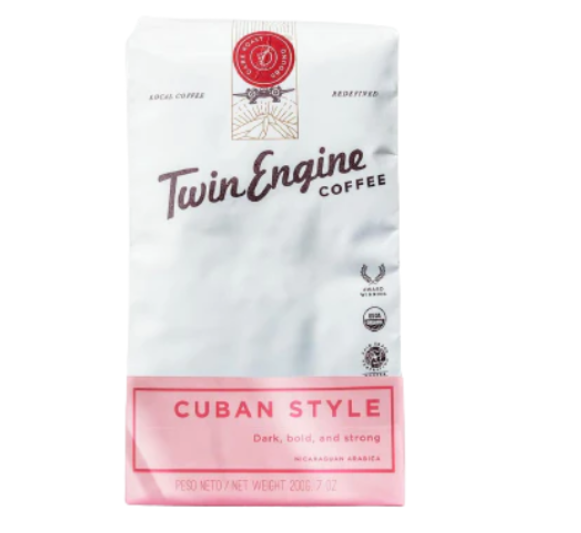 A photo of a bag of coffee. This is Twin Engine coffee made ethically in Nicaragua, grown, harvested, roasted, and packaged at the source - supporting the Nicaragua farmers. This roast is 'Cuban' Dark Roast.