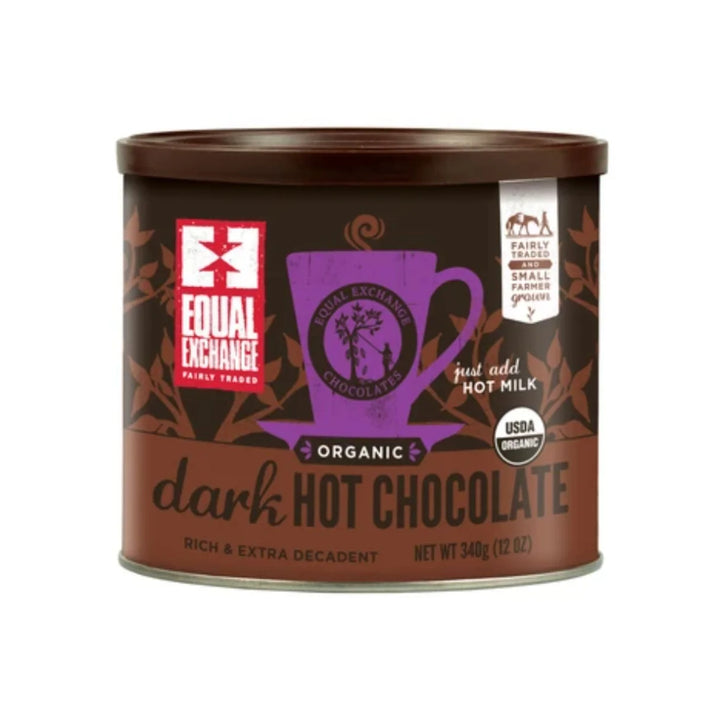 A photo of cocoa that is all organic and fair trade from Equal Exchange. 'Grown by Small farmer co-ops'. This cocoa is the Dark Hot chocolate.