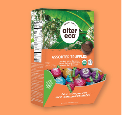A Photo of a display box of assorted truffles from Fair Trade certified and organic Alter Eco.