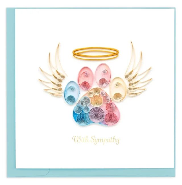 A photo of an intricately quilled greeting card made in Vietnam. This card features a colorful paw with angel wings and halo on top. 