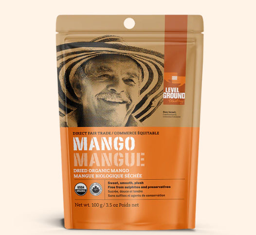 A photo of a bag of Dried Organic Mango pieces. 