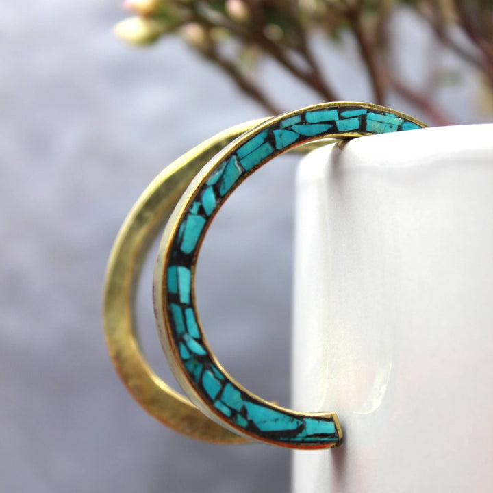 Bold Hoop Inlay Turquoise and Brass Earrings