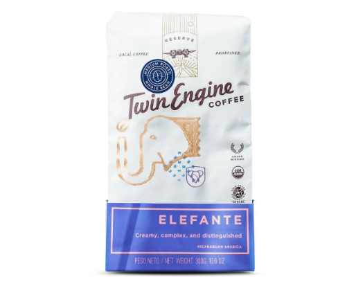 A photo of a bag of coffee. This is Twin Engine coffee made ethically in Nicaragua, grown, harvested, roasted, and packaged at the source - supporting the Nicaragua farmers. This roast is 'Elefante' Medium Roast