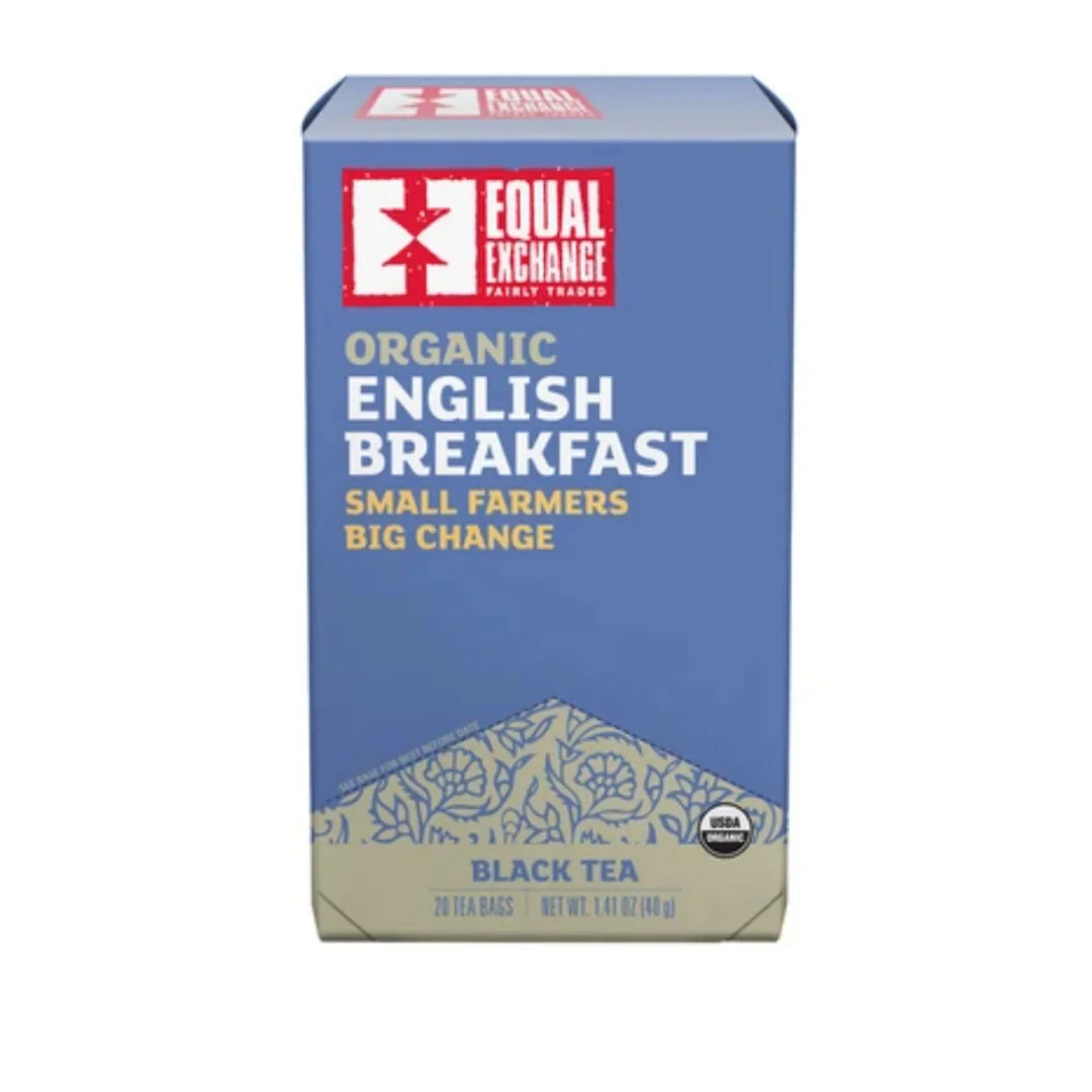 A photo of a box of 20 tea bags of English Breakfast Black Tea - from Equal Exchange - all organic and fair trade. 'Small Farmers, Big Change'.