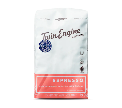 A photo of a bag of coffee. This is Twin Engine coffee made ethically in Nicaragua, grown, harvested, roasted, and packaged at the source - supporting the Nicaragua farmers. This roast is 'Espresso' Medium Roast.