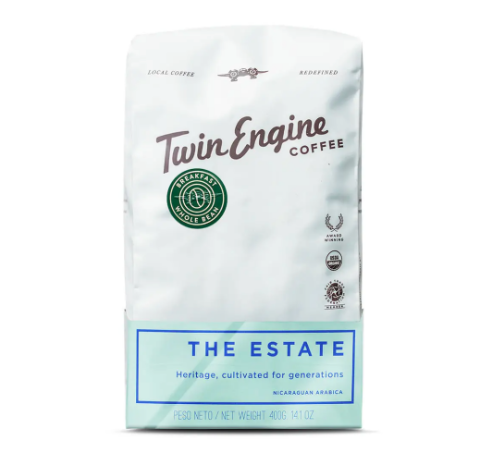 A photo of a bag of coffee. This is Twin Engine coffee made ethically in Nicaragua, grown, harvested, roasted, and packaged at the source - supporting the Nicaragua farmers. This roast is 'The Estate' Breakfast roast.