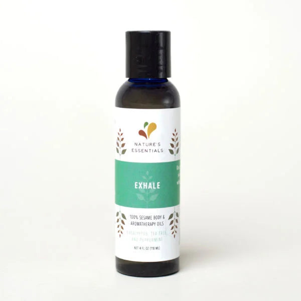 A photo of a bottle of Sesame Body & Aromatherapy Oils from Ghana. This aromatherapy oil is the Exhale.