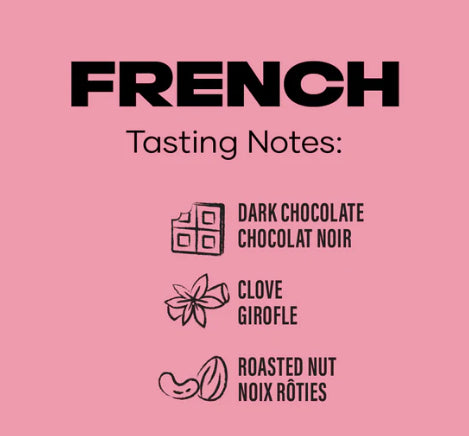 A photo of a list of The French Roast Coffee Tasting Notes. This one includes Dark Chocolate, Clove, and Roasted Nut. 