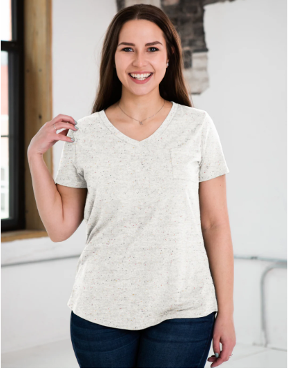 Ladies Drop Hem V-Neck Pocket Eco Cotton Tee - Funfetti