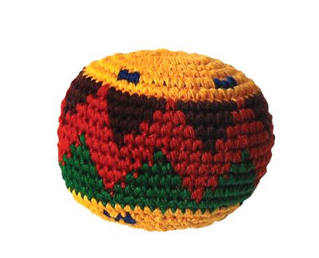 A photo of a colorful hacky sack made in Guatemala. 