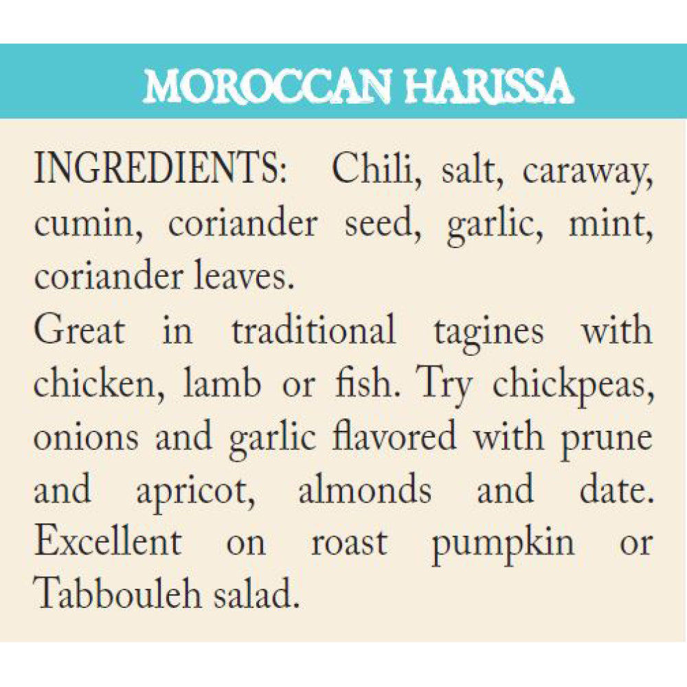 A photo of the ingredients and recommendations for the Moroccan Harissa Spice Grinder handcrafted in South Africa
