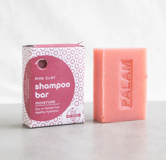 A photo of a Shampoo Bar made with Pink Clay to promote Moisture, helping dry or treated hair with healthy hydration from India.