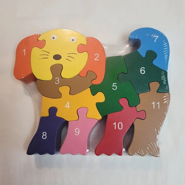 A photo of a colorful puppy dog puzzle that has numbered pieces made of painted rubber wood in Sri Lanka. 